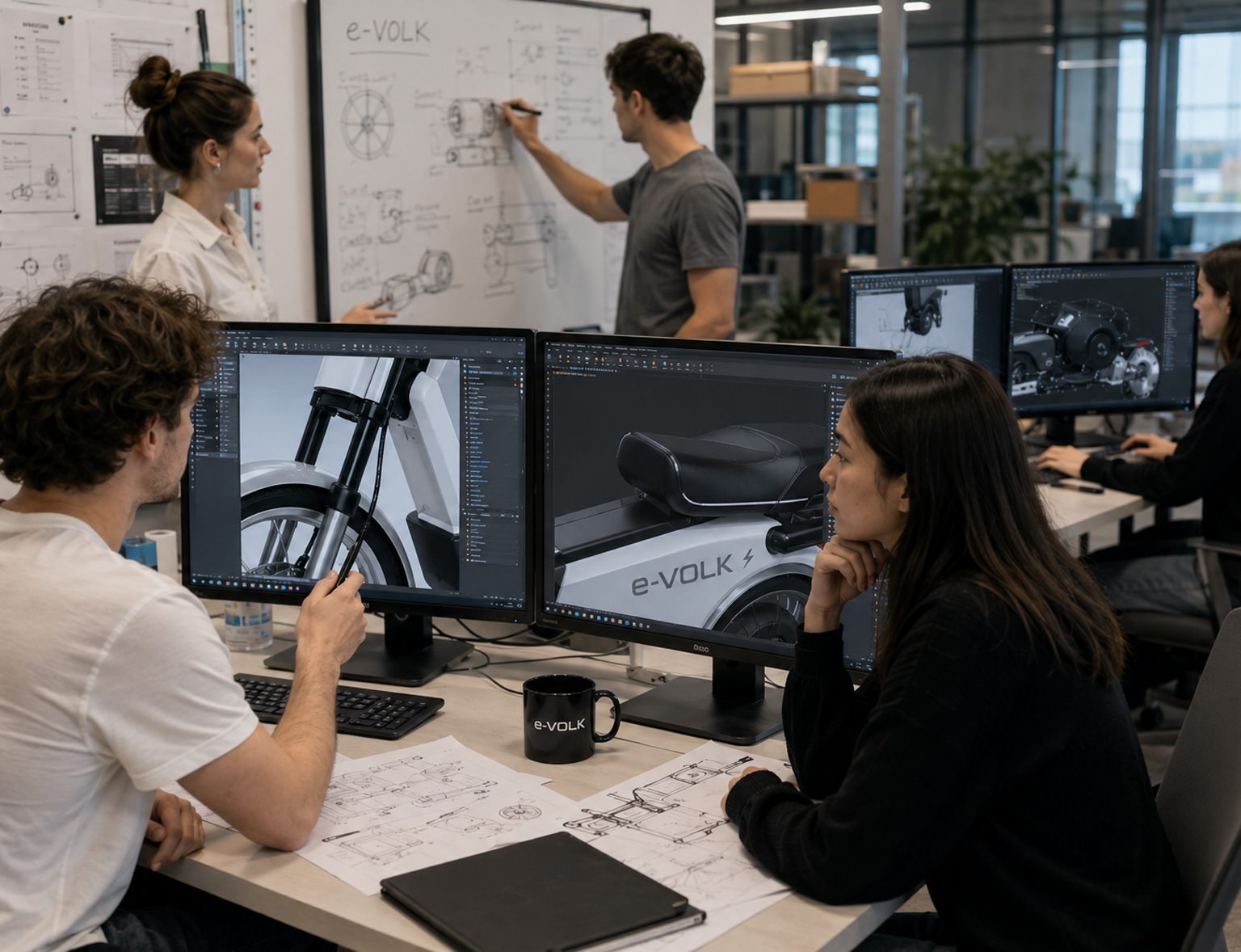 Equipo de ingeniería de e-VOLK trabajando en el desarrollo del prototipo