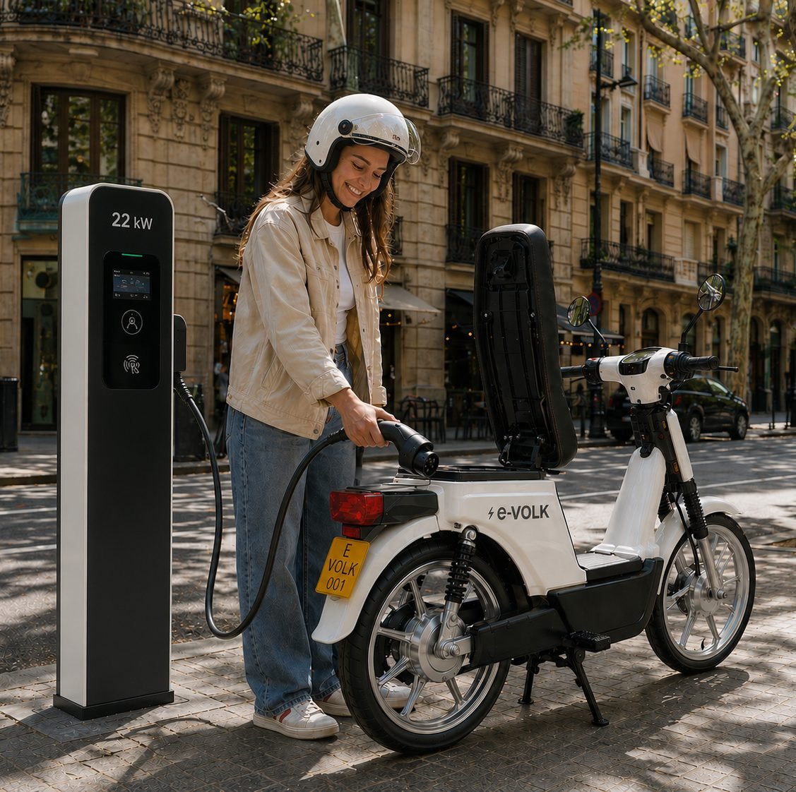 Carga pública de la moto eléctrica e-VOLK en la ciudad