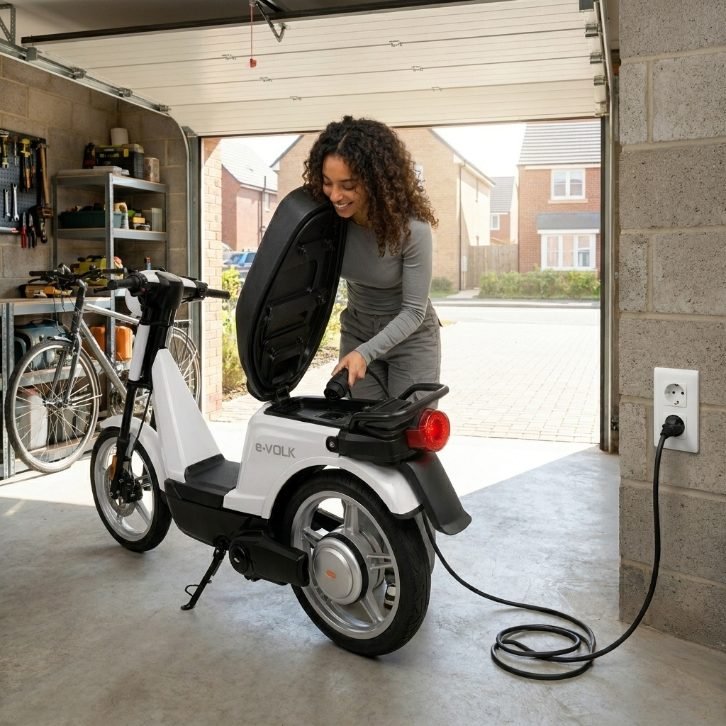Carga en casa de la moto eléctrica e-VOLK en el garaje