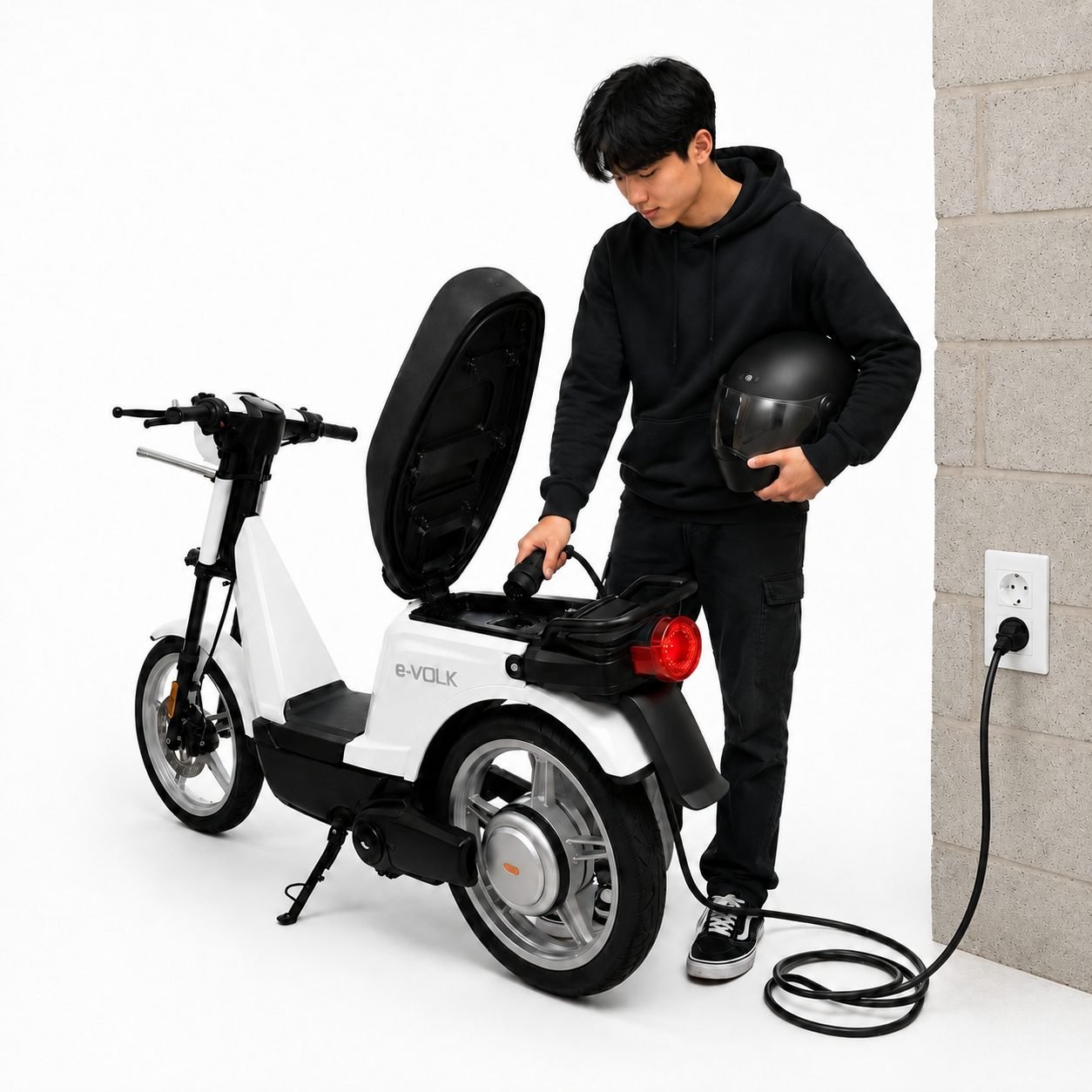 Persona cargando la moto eléctrica e-VOLK en un garaje