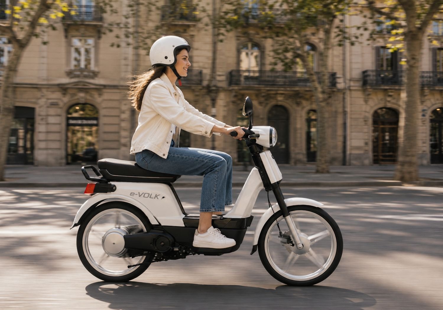 Persona conduciendo una moto eléctrica e-VOLK por una calle urbana