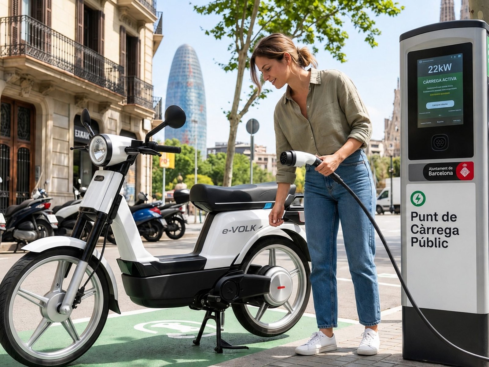 Persona cargando una moto eléctrica e-VOLK en un punto de carga público de Barcelona